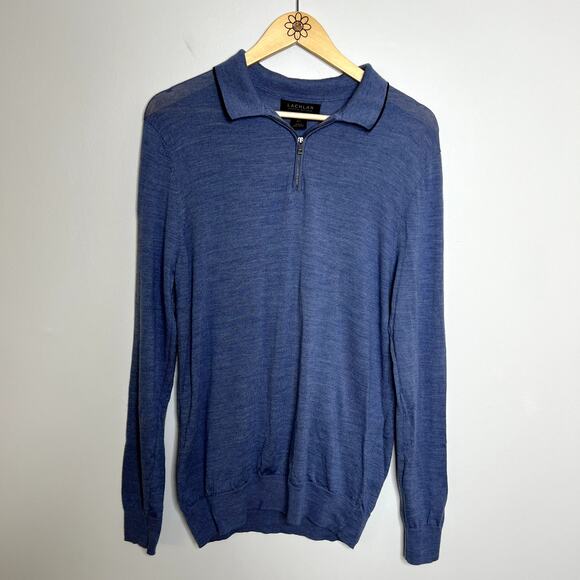 Lachlan Merino Wool Blue Quarter Zip Sweater - Picture 1 of 5